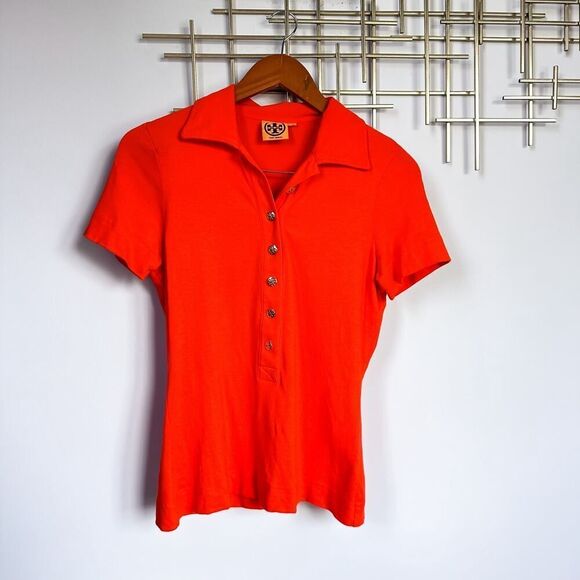 Tory Burch Orange Red Polo Shirt with Gold Logo Buttons Size S - Picture 2 of 7